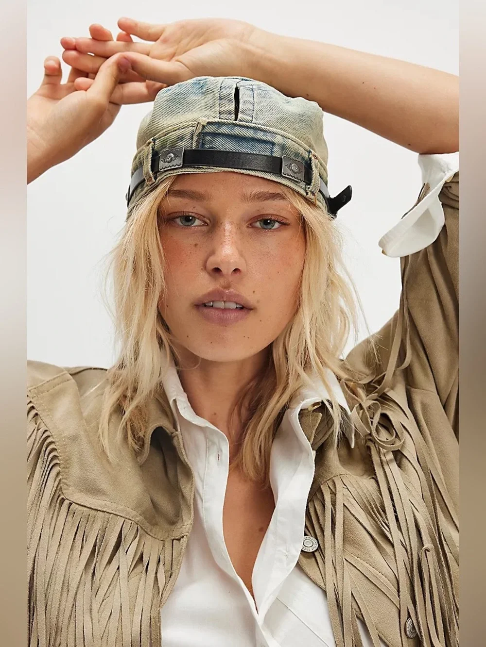New Free People Washed Denim Jean Pocket Cadet Hat Cap